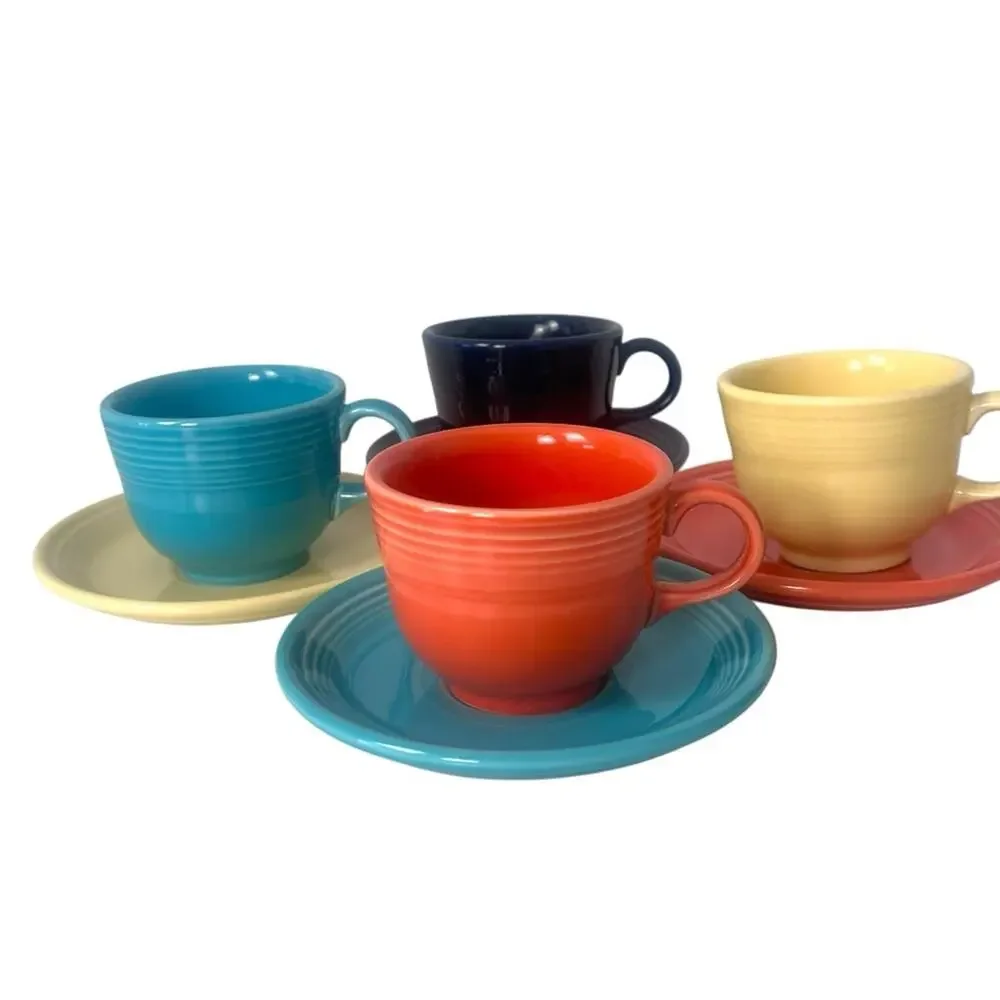 Fiesta Ware 8 Piece Cup Saucer Set 4 Traditional Colors Made USA Retro Art Deco